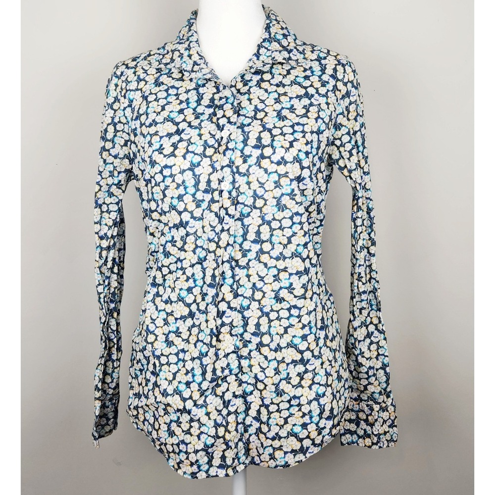 J.Crew Perfect Fit Shirt Women's 2 Blue Yellow Floral Button Front Long‎ Sleeve